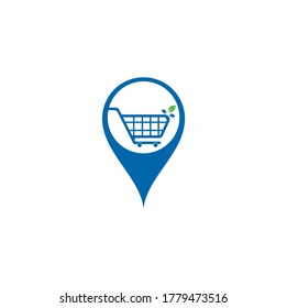 Green leaf shopping cart map pin shape.  Logo design inspiration concept.