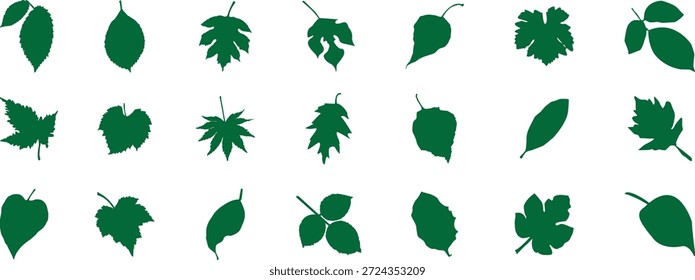 Colección de silueta de hoja verde con Formas botánicas surtidas. Iconos de follaje natural ideales para diseños ecológicos, fondos y marcas. Formas de plantas limpias aisladas en blanco.