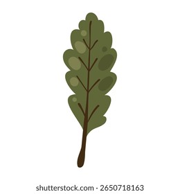 Green Leaf with Small Line Decorations in Flat Hand Drawn Style. Cartoon branch with tiny leaves isolated on white background perfect for autumn invitations, cards, posters, holidays, print, web
