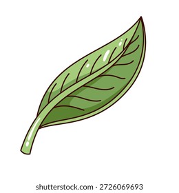 Hoja verde con venas lisas y superficie brillante, elemento botánico natural con forma orgánica. Detalle de planta fresca, acento de follaje mínimo, símbolo de la naturaleza, icono de hoja aislada. Ilustración vectorial de dibujos animados.