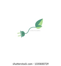 green leaf with  socket electrical plug alternative energy eco concept save nature  power consumption white background flat  vector illustration