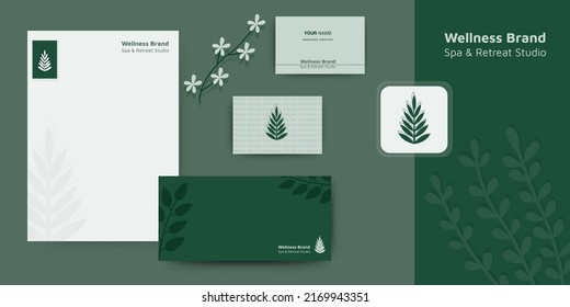 Green leaf spa and wellness products logo design and brand identity set vector 