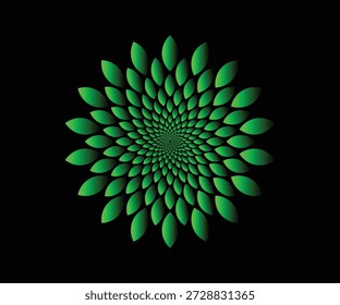 Green Leaf Spiral Mandala on Black Background, Botanical Fractal Flower Pattern, Eco Nature Inspired Geometric Design, Symmetry Radial Art, Modern Digital Illustration