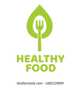 logo de comida saludable. hay fotos de cucharas y tenedores en hojas verdes. logotipo o icono aislado en un fondo blanco