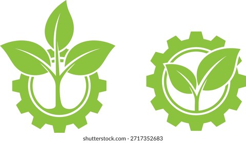 Brote de hoja verde que crece de rueda dentada sobre engranaje de fondo blanco