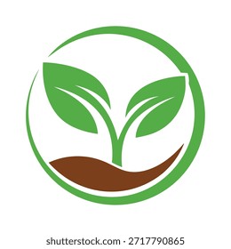 Hoja verde que brota del suelo marrón en un contorno circular