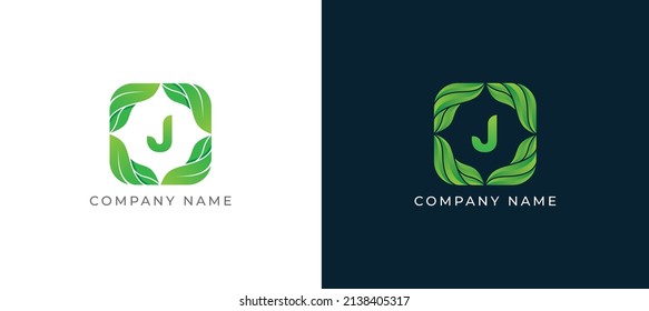 Green Leaf Square Logo sign icon symbol Design with Letter J. Vector illustration logo template
