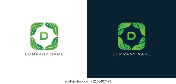 Símbolo del icono del logotipo de Green Leaf Square con la letra D. Plantilla de logotipo de ilustración de vector