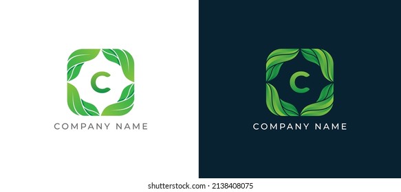Green Leaf Square Logo sign icon symbol Design with Letter C. Vector illustration logo template