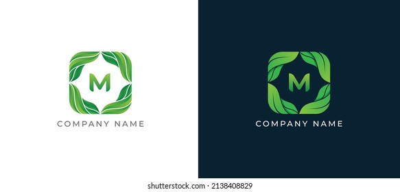 Símbolo de icono de signo de logotipo cuadrado de hoja verde Diseño con la plantilla de logotipo de ilustración de la letra M. Vector