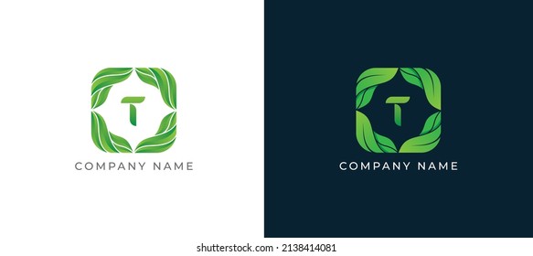 Green Leaf Square Shape Logo sign icon symbol Design with Letter T. Vector illustration logo template