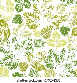Green Leaf Stamp Seamless pattern. Leaf paint imprints. Foliage. Leaves background