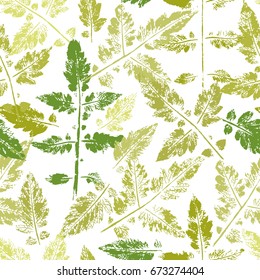 Green Leaf Stamp Seamless pattern. Leaf paint imprints. Foliage. Leaves background