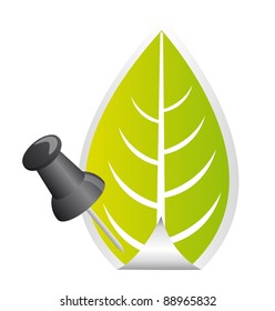green leaf sticker with black push pin. vector