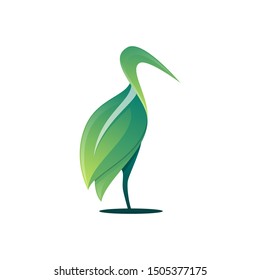 Green leaf stork heron logo design template vector