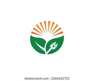 Green Leaf Sun Logo Design With Electricity Bolt And Plug Icon Symbol Creative Vector Illustration.