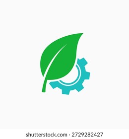 Uma folha verde é sobreposta a uma engrenagem turquesa, simbolizando a interseção da natureza e indústria ou tecnologia.