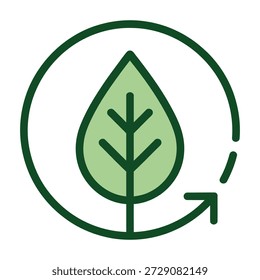Símbolo de folha verde incluído em uma seta circular representa a sustentabilidade ambiental e a reciclagem em um simples ícone de design plano