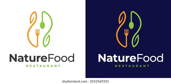 Símbolo de Folha Verde no Logotipo da Letra H com Inspiração do Design da Colher e do Garfo. Letra inicial H com design de logotipo de símbolo de folha e garfo e ícone de colher. Ilustração do logotipo do vetor do restaurante.
