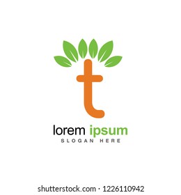 Green leaf T letter icon. Logo vector template