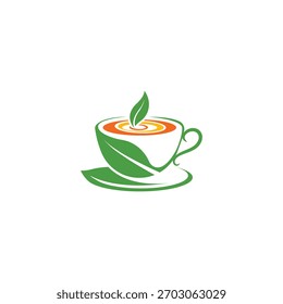 Diseño de logotipo de taza de té de hoja verde. concepto de icono de bebida saludable a base de hierbas.