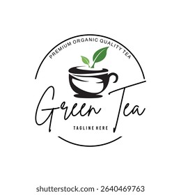 Green leaf tea logo design with cup, hot and cold refreshing drink