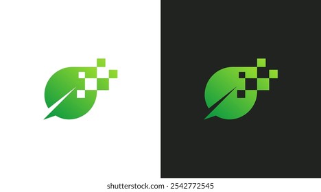 Green leaf technology logo design vector. Green tech pixel logo icon design