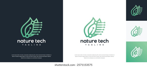 Green leaf technology logo design template. Nature leaf digital technology logo design vector icon