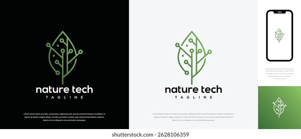 Green leaf technology logo design template. Nature leaf digital technology logo design vector icon
