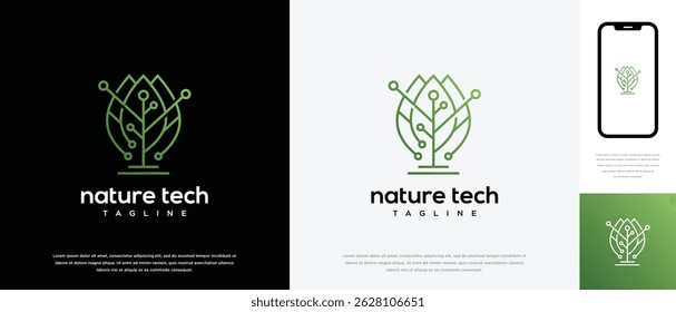 Modelo de design de logotipo de tecnologia de folha verde. Ícone do vetor do projeto do logotipo da tecnologia digital da folha da natureza