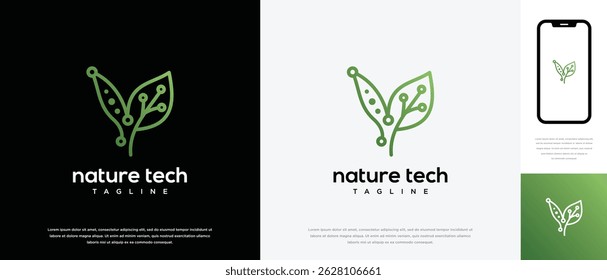 Green leaf technology logo design template. Nature leaf digital technology logo design vector icon