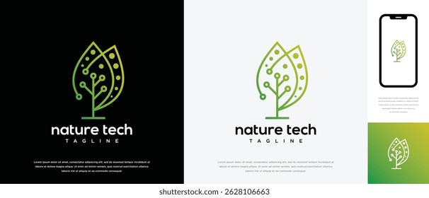 Green leaf technology logo design template. Nature leaf digital technology logo design vector icon