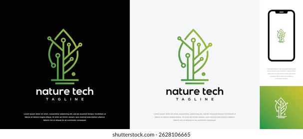 Plantilla de diseño de logotipo de tecnología de hoja verde. Icono de Vector de diseño de logotipo de tecnología digital de hoja de Naturaleza