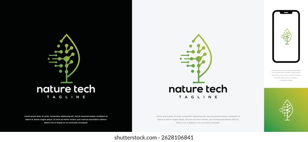Plantilla de diseño de logotipo de tecnología de hoja verde. Icono de Vector de diseño de logotipo de tecnología digital de hoja de Naturaleza