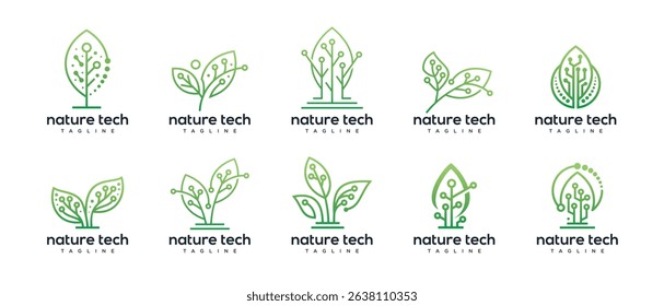 Green leaf technology logo design template collection. Nature leaf digital technology logo design vector icon	