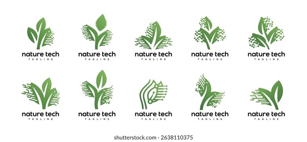Green leaf technology logo design template collection. Nature leaf digital technology logo design vector icon	