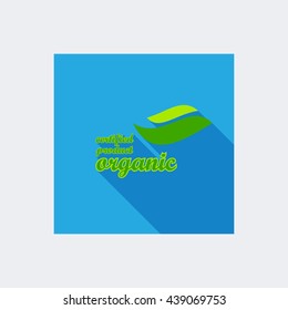 Green leaf with text. Organic product isolated on blue background