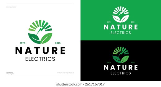 Green leaf with thunderbolt sign integrated with half sunburst for natural power electric, Symbol circle leaves with lightning for energy or ecology nature and creative brand identity business