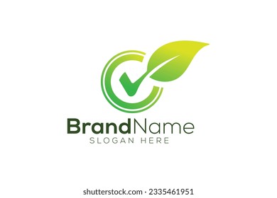Design des grünen Blatts und der Markierung mit Logo, Vektorvorlage