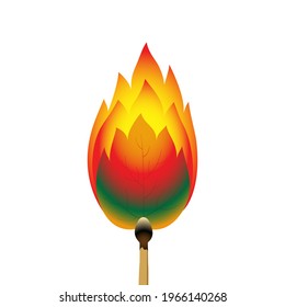 A green leaf of a tree burning from a match. The concept of protecting nature from fire and fires. Color vector illustration isolated on white background.
