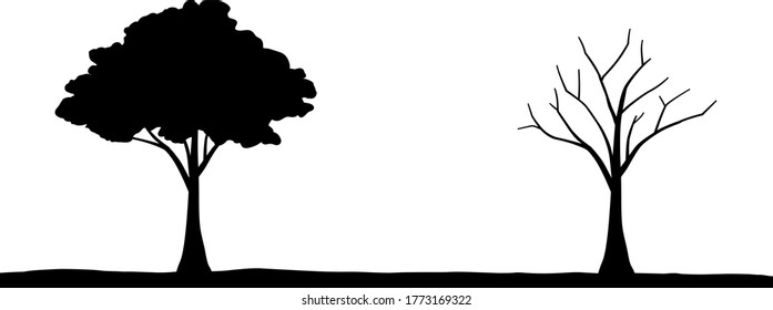 Grüner Laubbaum und gefallener Baum Kontrastsilhouette