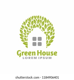 green leaf tree house logo in a circle, vector illustration