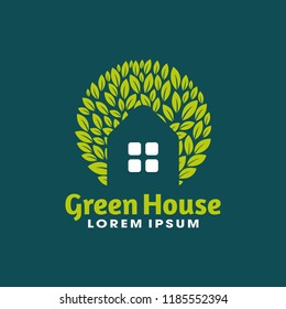 green leaf tree house logo in a circle in dark background, vector illustration