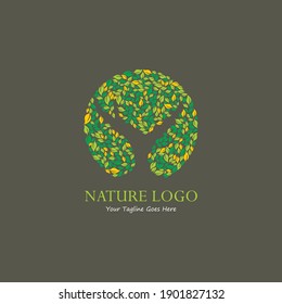 Green leaf of tree illustration in circle shape for brand identity.