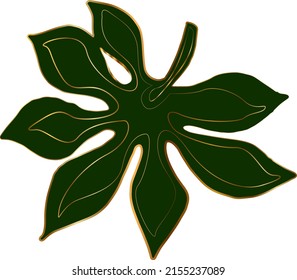Green leaf of a tropical plant rendered with a golden outline, element of decor