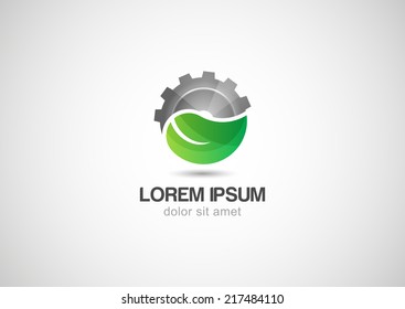 Green leaf with two gears cogs. Vector logo design template. Abstract concept for ecology theme, green eco energy, technology and industry.