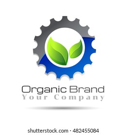 Green leaf with two gears cogs. Vector logo design template for your business company. Abstract concept ecology theme, eco energy, technology and industry.