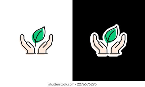 hoja verde con pegatina de icono del logotipo ambiental de dos manos