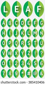 Green leaf uppercase flat font icon with long shadow.
Verdant foliage typography capital letter logo.
Fresh lush alphabet graphic design and number.