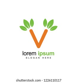 Green leaf V letter icon. Logo vector template